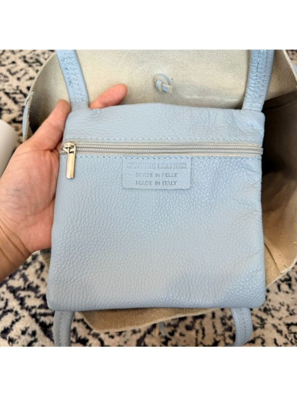 Genuine Italian Cowhide Leather Market Tote Bag Pale Blue - Picture 4 of 6
